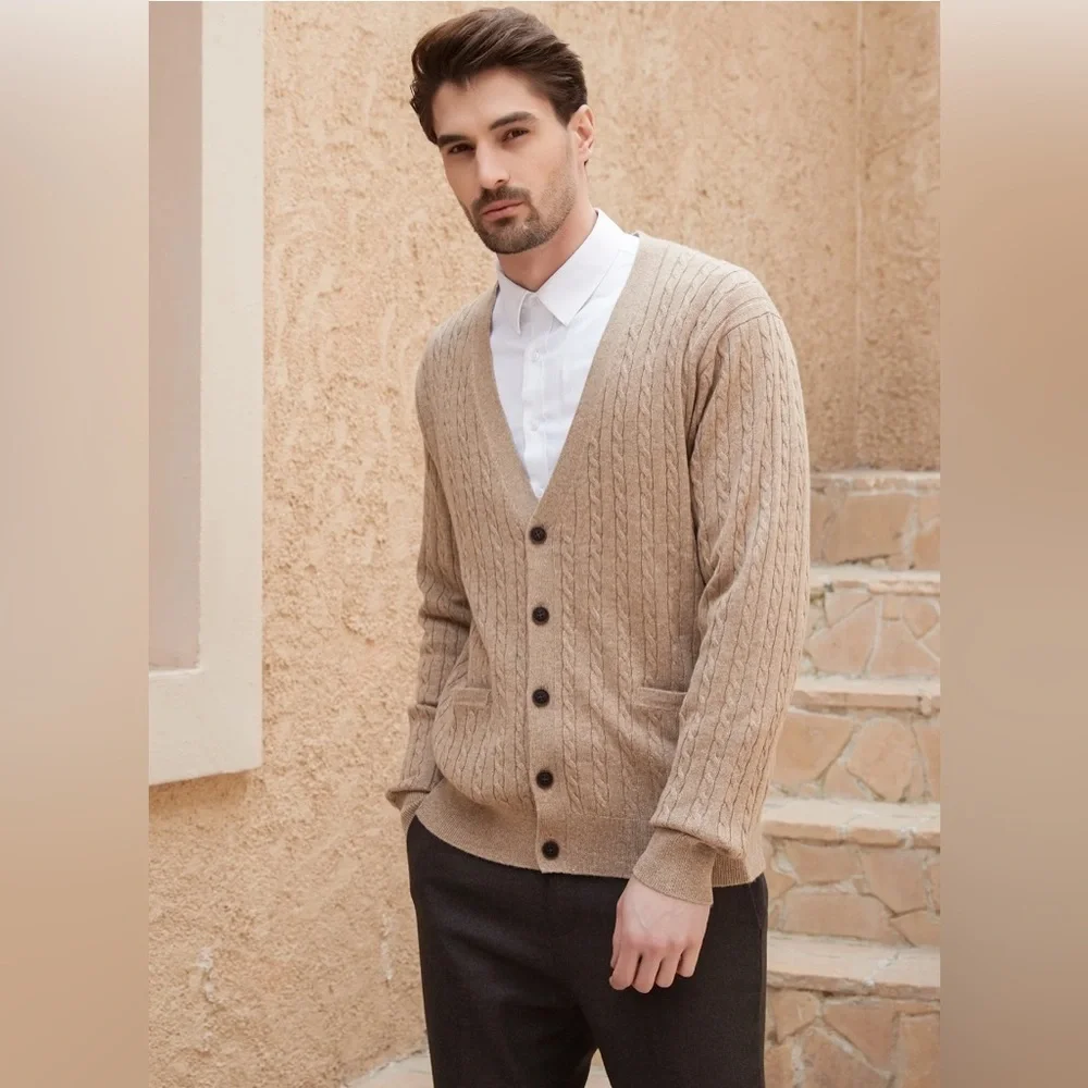 Grandpa Kallspin‎ Men’s cable knit 45% wool blend sweater Large Coffee tan